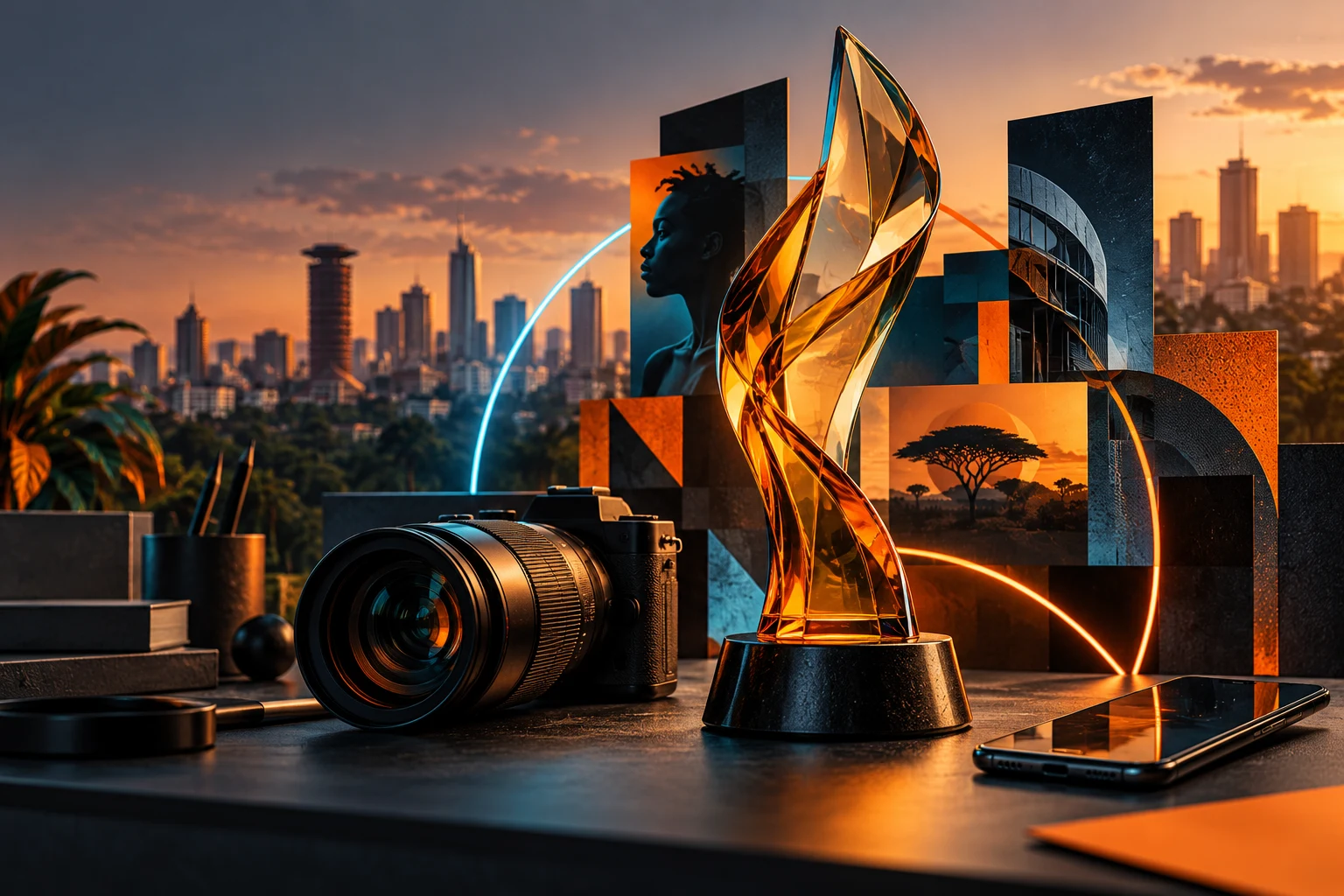 AI editorial illustration of a camera, smartphone and abstract glass award