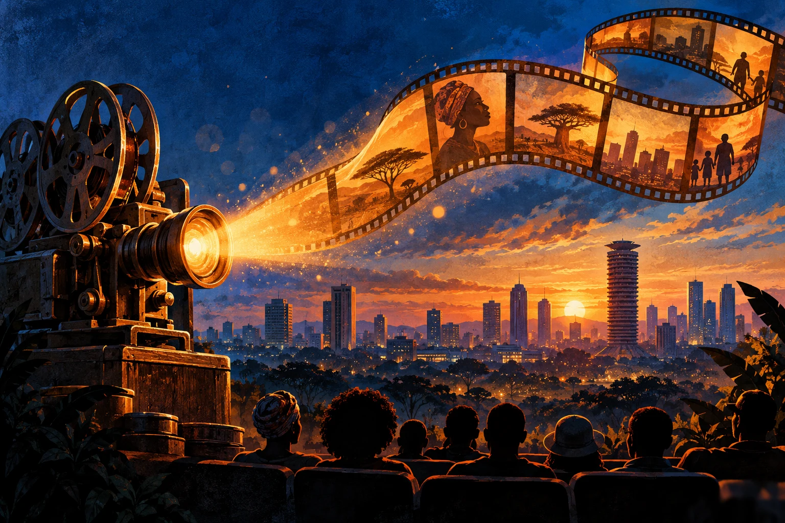 AI editorial illustration of a projector, film strip and Nairobi skyline
